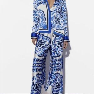 Zara Blue & White Printed Silk Blouse & Wide-Leg Pants